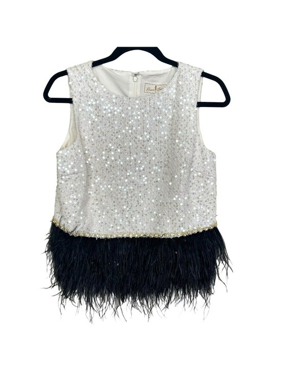 Flora Bea Nyc Tops - Flora Bea Cream Sequins Black Feather Boa Bella Tweed Top Size Small NWT